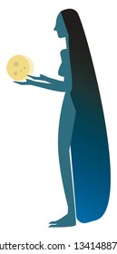Silhouette of a long haired woman with round orb in hand vector color drawing or illustration 