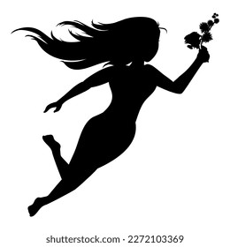 Silhouette of long-haired woman holding rose and mimosa flowers while float over white background.