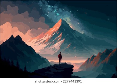 Silhouette looking at the sky in the mountains. Epic scenery of man or woman stargazing. Vector art painting of moody breathtaking fantasy art. Concept for sadness. Moody lofi style. Milky way stars.