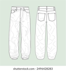 silhouette loose-fit wide-leg jeans, outline jeans, vector, illustration