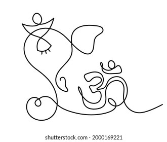 Silhouette of Lord Ganesha and sign of OM as line drawing on the white background. Vector