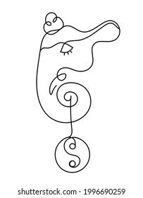 Silhouette of Lord Ganesha and sign of yin and yang as line drawing on the white background. Vector