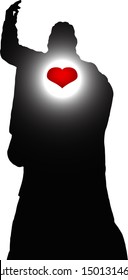 Silhouette of Lord Jesus Christ with a shining red heart. Vector illustration.