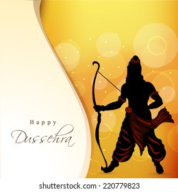 Silhouette of lord Ram holding his bow on bright orange background with stylish text Happy Dussehra.