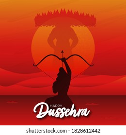 Silhouette of Lord Rama Aiming to Kill Ravana on Sunset Hills or Waves Background for Happy Dussehra Celebration.