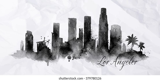 Silhouette of Los Angeles city painted with splashes of ink drops streaks landmarks drawing on crumpled paper