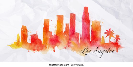 Silhouette of Los Angeles city painted with splashes of watercolor drops streaks landmarks in orange with red