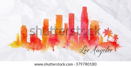 Silhouette of Los Angeles city painted with splashes of watercolor drops streaks landmarks in orange with red