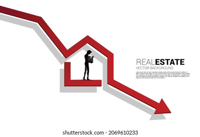 Silhouette Of Losing Job Man In Home Icon In Falling Down Arrow. Concept For Depression Of Unemployment People.