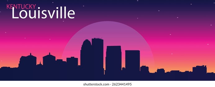 A silhouette of the Louisvill, Kentucky city skyline against a bright purple and pink sky with a large round moon in the style of a retro-futuristic or neon wipe, with stars scattered across the sky.