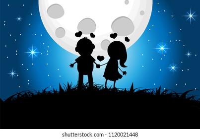 Silhouette love couple in the field. moon, grass and night sky. cute love