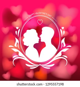 Silhouette of love couple isolated on romantic hearts background. Vector Illustration for Valentines day, 14 february.