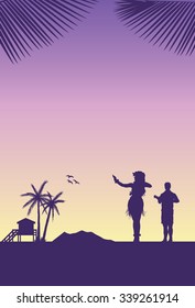 Silhouette of love couple on the beach at sunset