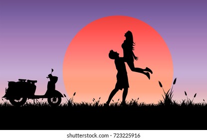 Silhouette love couple, Love on sunset background. Illustration vector valentine concept