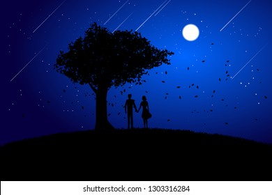 Silhouette Lover couple holding hand under big tree background at night. valentine's day and love and anniversary theme.