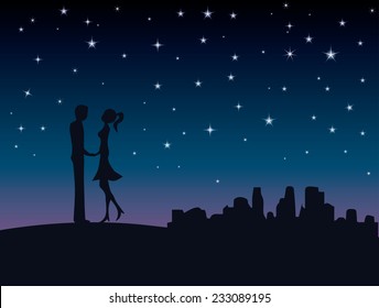 Silhouette of lovers couple who are enjoying their time together at night under a starry sky, on a urban context - skyline of the city is behind