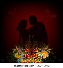 Silhouette of lovers with a floral abstraction. Vector
