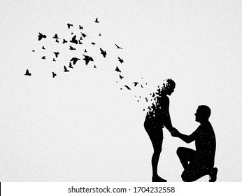 Silhouette of lovers and flying birds. Conceptual vector illustration about loss of loved one, loneliness and death. Sad mystical background for design, prints, covers, t-shirts