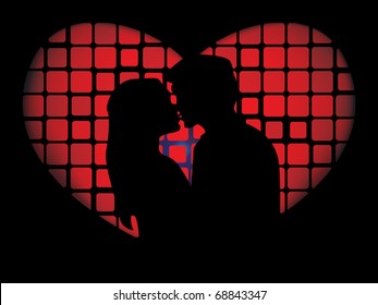 Silhouette of lovers in front of the red luminous mosaic heart shaped window