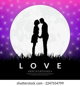 Silhouette of lovers in a full moon at night background. Concept of love and Valentine's day, Love couple wallpaper. Vector illustration.