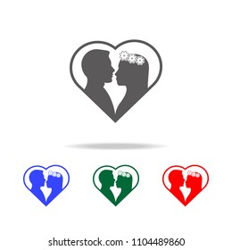 silhouette of lovers in the heart icons. Elements of wedding in multi colored icons. Premium quality graphic design icon. Simple icon for websites, web design, mobile app