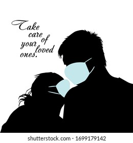 The silhouette of lovers in medical masks. Vector illustration