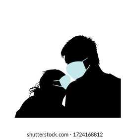 The silhouette of lovers in medical masks. Vector illustration