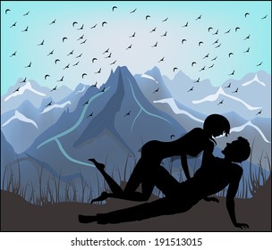 Silhouette of lovers on a background of mountains