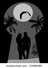 Silhouette of a lovers on night landscape seen through a key hole, vector illustration