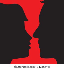 Silhouette of lovers on red background