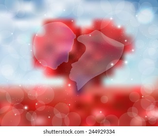 silhouette of lovers on a red tree in the shape of a heart