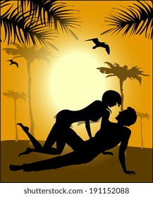 Silhouette of lovers on a sunset background 