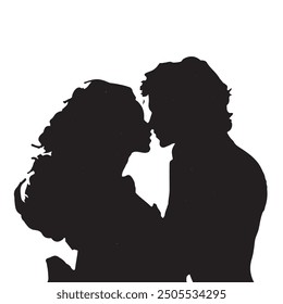 Silhouette of Lovers with Wavy and Curly Hair, Leaning in for a Kiss, Loving Silhouette of a Couple, Ready to Share a Tender Kiss
