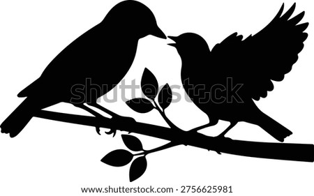 Silhouette loving bird pair on tree branch feeding interaction vector design