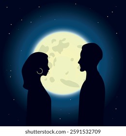 Silhouette of a loving couple against the background of the full moon and starry sky. Vector illustration.