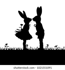 Silhouette of loving couple bunnies, Valentine's Day banner, Vector