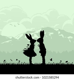 Silhouette of loving couple bunnies, Valentine's Day banner, Vector