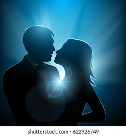 Silhouette of loving couple in contrast back light. Love and romance poster. Vector illustration