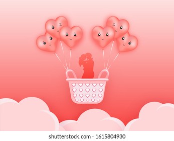 Silhouette Loving Couple Flying in Basket hanging from Heart Shaped Balloons with Facial Expression on Glossy Cloud Red Background.