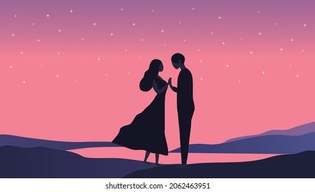 Silhouette of loving couple holding hands on sunset beach background vector illustration. Happy valentine's day concept