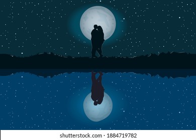 Silhouette of loving couple. Lovers at night on beautiful landscape with reflection. Full moon in starry sky. Moonlit night. Valentines Day. Happy Lovers. For card or poster. Stock vector illustration
