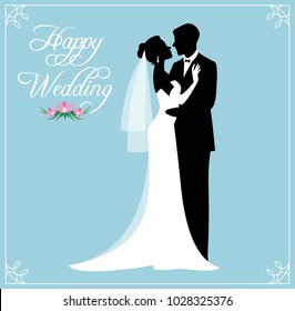 Silhouette of a loving couple of newlyweds groom and bride in wedding suits Stock vector illustration