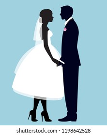 Silhouette of a loving couple of newlyweds groom and bride in full length in wedding dresses