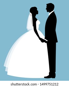 Silhouette of a loving couple of newlyweds groom and bride in full length in wedding dresses