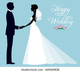 Silhouette of a loving couple of newlyweds groom and bride in full length in wedding dresses Stock vector illustration