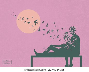 Silhouette of loving couple on bench. Death, afterlife. Flying birds