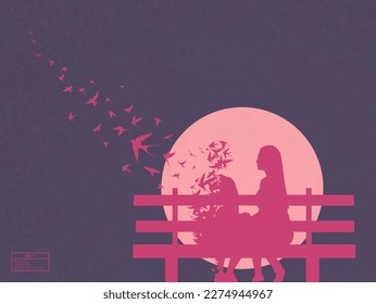 Silhouette of loving couple on bench. Death, afterlife. Flying birds