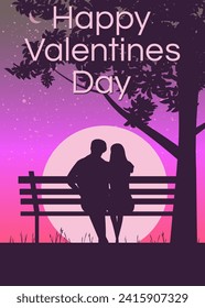 Silhouette loving couple on the bench at night. Happy Valentines Day poster