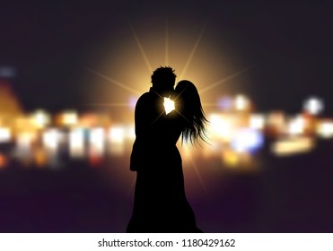 Silhouette of a loving couple on bokeh lights background 