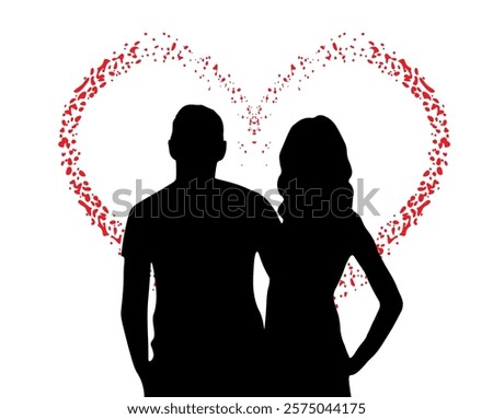 Silhouette of loving couple standing inside heart, Valentine's day. Vector illustration